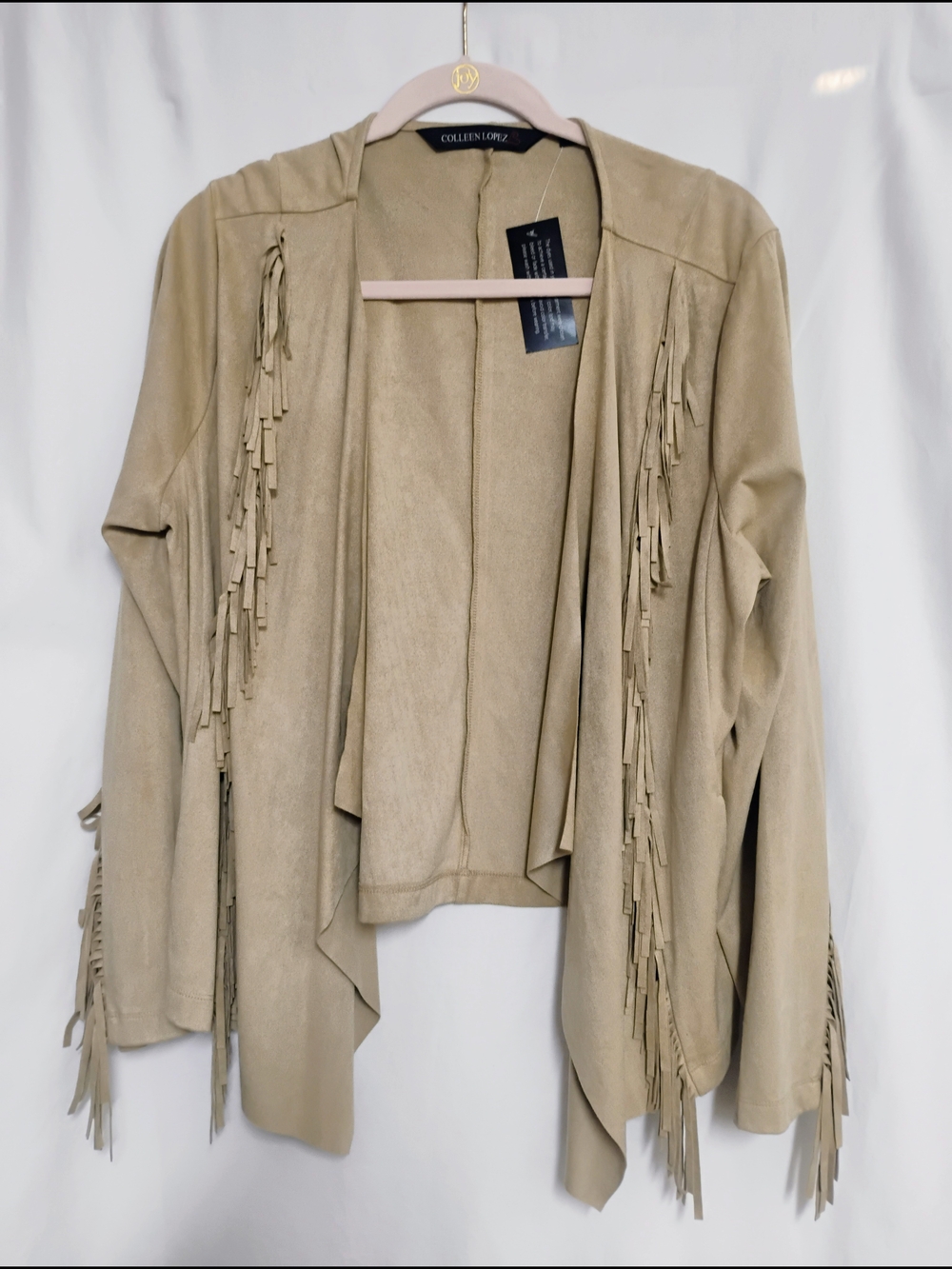 Colleen Lopez Beige Fringe Open Front Jacket